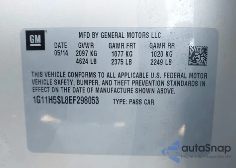 2014 Chevrolet Malibu 1Lz from USA, damaged, VIN 1G11H5SL8EF298053